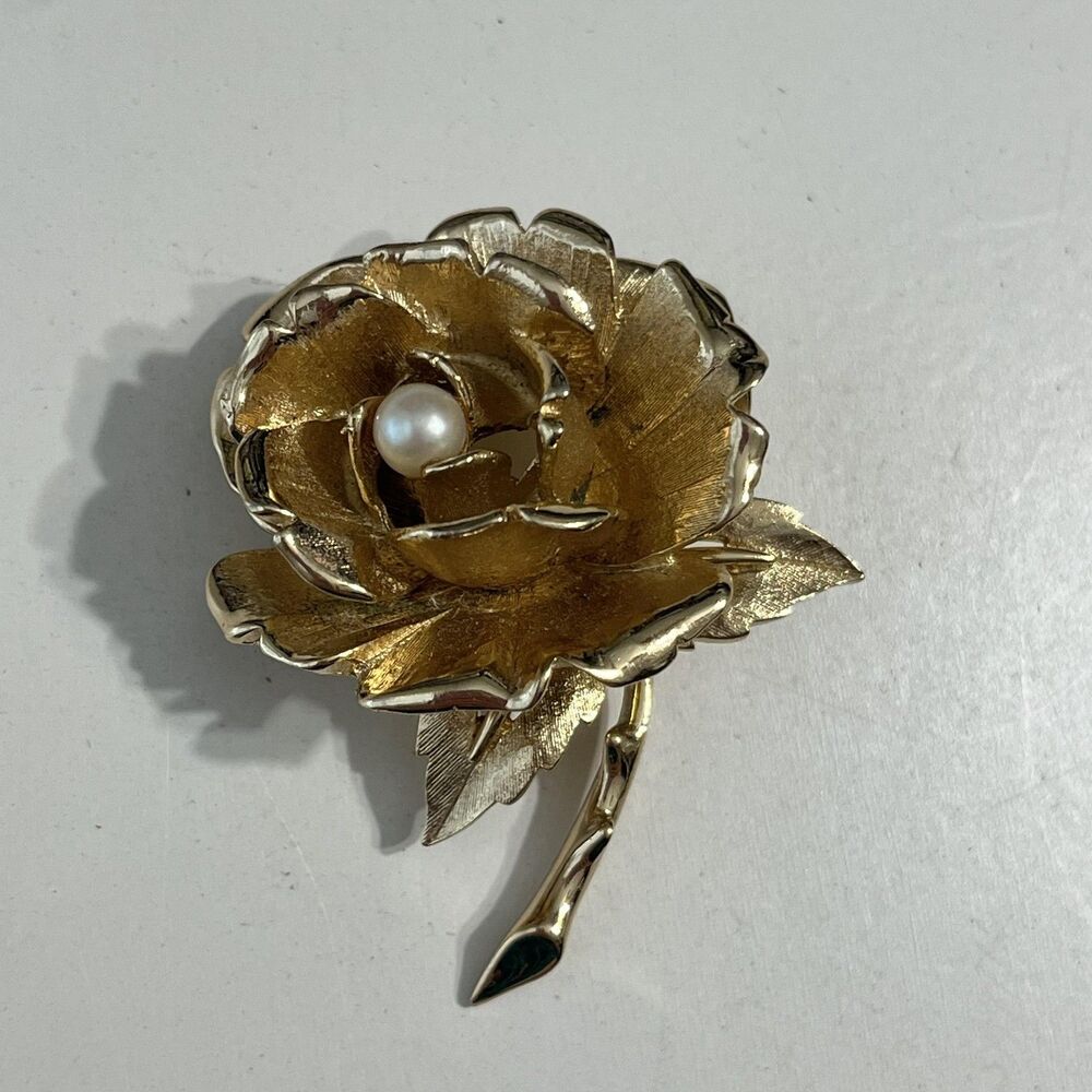 Vintage Marcel Boucher Rose Flower Brooch Gold Tone Pearl Pin Floral Italy